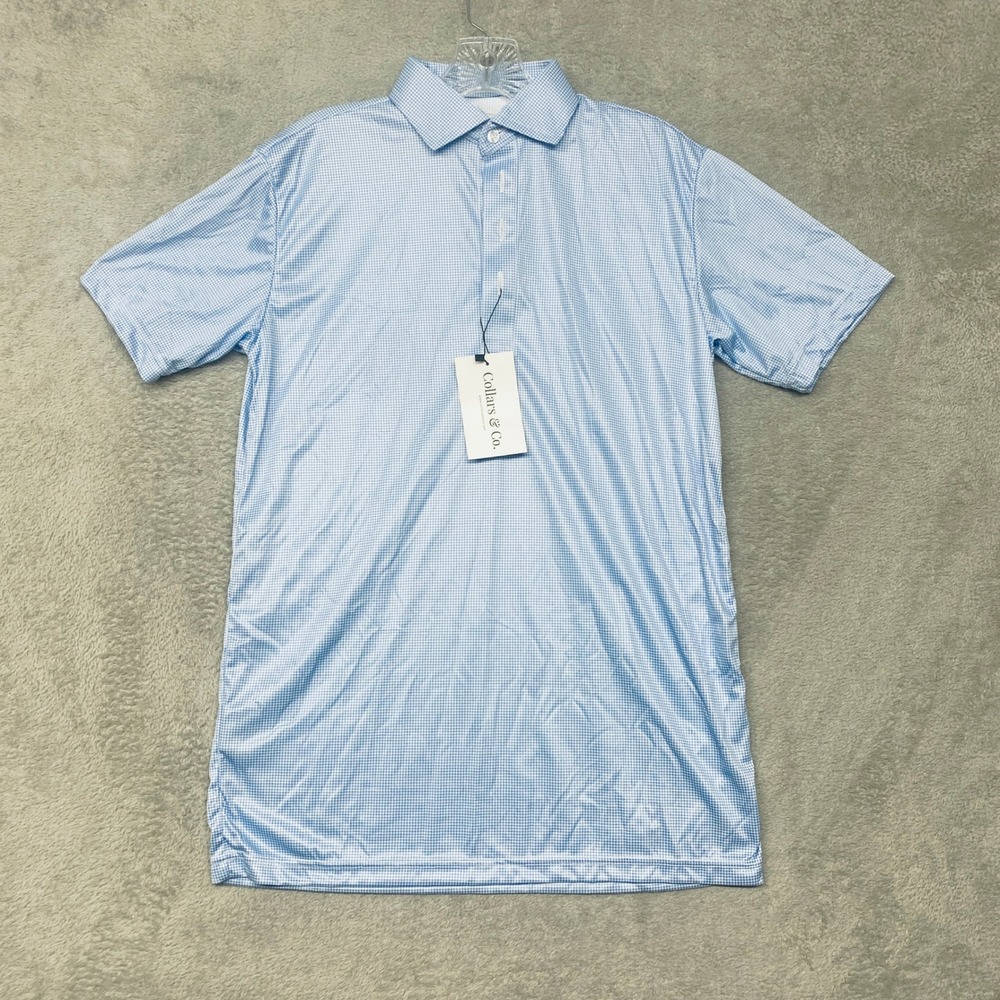 Collars & Co Mens Small Dress Collar Polo Shirt Blue Houndstooth Stretch Golf